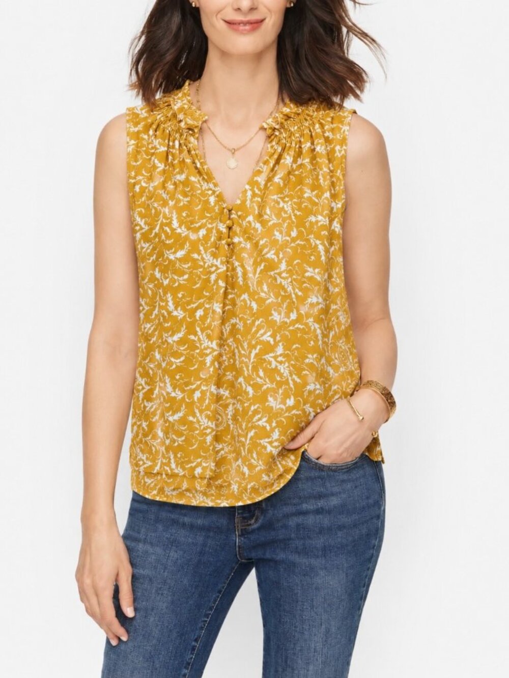 Nordstrom Melloday Sleeveless Damask Leaf Blouse Top Golden Mustard Yellow Large